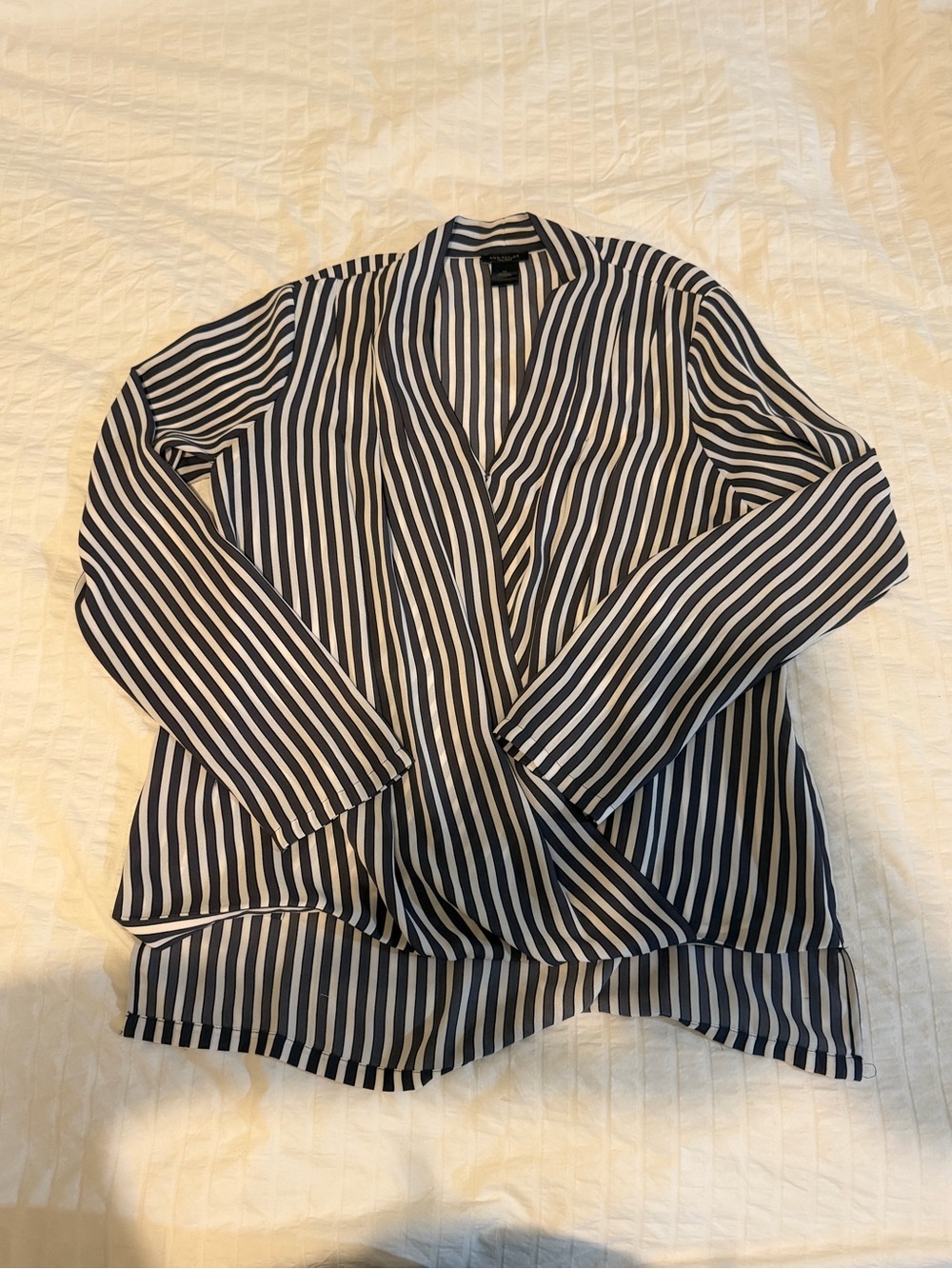 Ann Taylor Navy and White Vertical-Stripe Wrap Blouse